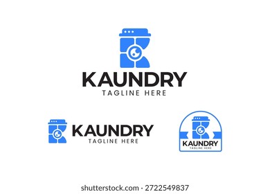 Letra K com forma de máquina de lavar roupa design logotipo moderno conjunto para lavanderia, eletrodomésticos, limpeza, serviço, cuidados domiciliares, máquina de lavar roupa, manutenção. Ilustração vetorial