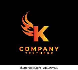 Letter K with Wing Logo. flame or fire gradient color logo.