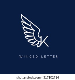 Letter K with wing. Template for logo, label, emblem, sign, stamp. Vector illustration.