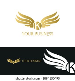 letter K and wings in luxury and elegant golden style logo design