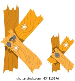 Letter K from wooden planks. Vector alphabet.