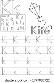 Letter K worksheet for Kindergarten.Alphabet tracing sheet a-z.Illustration for teachers.Exercises for kids.Back to school.Coloring book.Printable worksheet for children.Kite vector illustration.