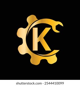 Letter K with wrench and Gear Logo for mechanical, technology, repair service, automotive business, Construction Repair Logo Vector Template