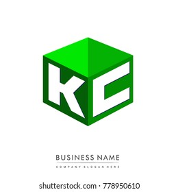 Letter KC logo in hexagon shape and green background, cube logo with letter design for company identity.
