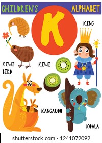 Letra K.Cute alfabeto infantil con animales adorables y otras cosas. Afiche para niños que aprenden vocabulario inglés.Dibujo vectorial de dibujos animados.