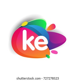 Letter KE logo with colorful splash background, letter combination logo design for creative industry, web, business and company.