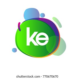 Letter KE logo with colorful splash background, letter combination logo design for creative industry, web, business and company.
