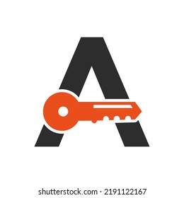 Letter A Key Logo Combine With House Locker Key For Real Estate and House Rental Symbol Vector Template