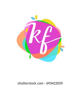 Letter KF logo with colorful splash background.