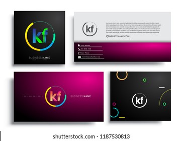 Letter KF logotype with colorful circle, letter combination logo design with ring, sets of business card for company identity, creative industry, web, isolated on white background.