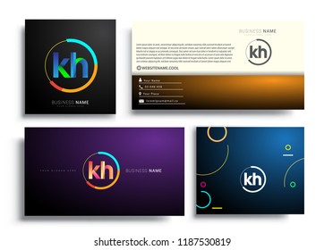 Letter KH logotype with colorful circle, letter combination logo design with ring, sets of business card for company identity, creative industry, web, isolated on white background.