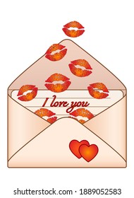 Letter with kisses - vintage envelope with love message and lip prints - vector full color picture for Valentine's Day. Kisses in an envelope - I love you.