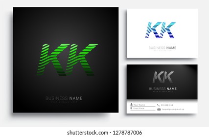 Letter KK logotype with colorful circle, with striped composition letter, sets of business card for company identity, creative industry, web.