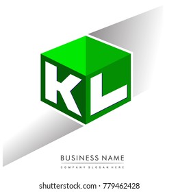 Letter KL logo in hexagon shape and green background, cube logo with letter design for company identity.
