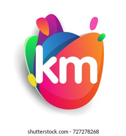 Letter KM logo with colorful splash background, letter combination logo design for creative industry, web, business and company.