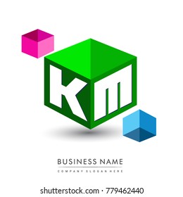 Letter KM logo in hexagon shape and green background, cube logo with letter design for company identity.
