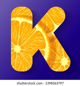 Letter K,made of orange fruit slices, isolated on a dark blue background, vector illustration
