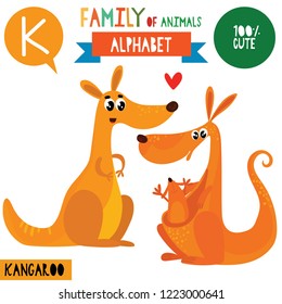 Letter K-Mega big set.Cute vector alphabet with family of animals in cartoon style.