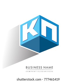 Letter KN logo in hexagon shape and blue background, cube logo with letter design for company identity.
