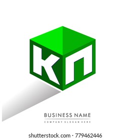 Letter KN logo in hexagon shape and green background, cube logo with letter design for company identity.
