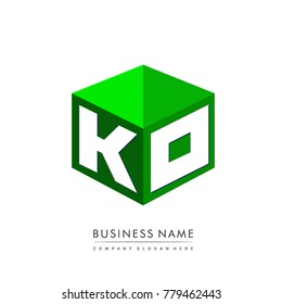 Letter KO logo in hexagon shape and green background, cube logo with letter design for company identity.
