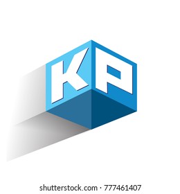 Letter KP logo in hexagon shape and blue background, cube logo with letter design for company identity.
