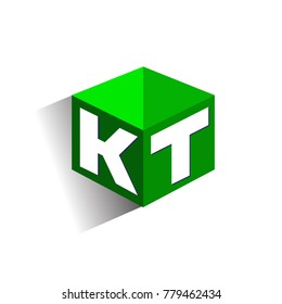 Letter KT logo in hexagon shape and green background, cube logo with letter design for company identity.
