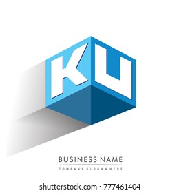 Letter KU logo in hexagon shape and blue background, cube logo with letter design for company identity.
