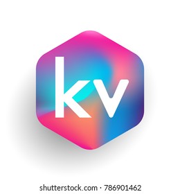 Letter KV logo in hexagon shape and colorful background, letter combination logo design for business and company identity.
