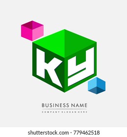 Letter KY logo in hexagon shape and green background, cube logo with letter design for company identity.
