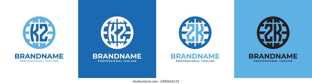 Letter KZ and ZK Globe Logo Set, suitable for any business with KZ or ZK initials.