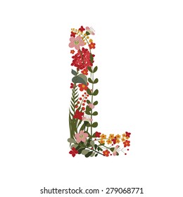 Letter L - 12 letter of the alphabet. Vector hand-drawn monogram composed of flowers, branches and leaves on a white background.
