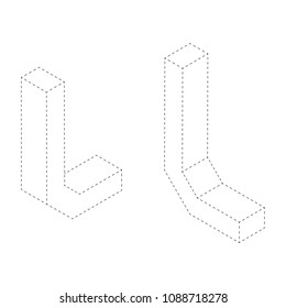 Letter L 3D isometric black and white alphabet font worksheet. coloring page for children education. connect the dots and restore dashed line game. Vector illustration.