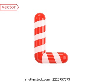 Letter L. 3d Symbol in white color intertwined with a red ribbon. Letter like Candy Cane in cartoon style. Glossy object isolated on white background. 3d icon sign vector illustration