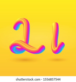 Letter L 3D vector. Liquid gradient shape on yellow background. Colorful hand draw alphabet for branding, logo, a set of words. Festive typography, childrens alphabet, uppercase letters