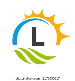 Letter L Agriculture Logo Vector Template. Agriculture Logo Concept with Green Field and Bright Sun Element