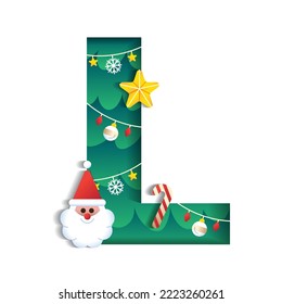 Letter L Alphabet Font Cute Merry Christmas Concept Star Candy Cane Santa Claus Christmas Tree Character Font Christmas Element Cartoon Green 3D Paper Layer Cutout Card Vector Illustration