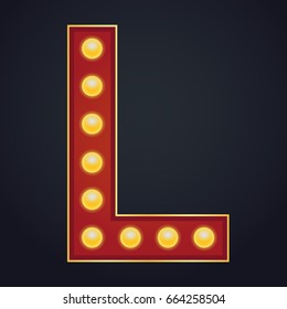 Letter L alphabet sign marquee light bulb vintage carnival or circus style ,Vector illustration