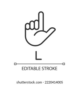 Letter L in American sign language pixel perfect linear icon. Communication system element. Thin line illustration. Contour symbol. Vector outline drawing. Editable stroke. Arial font used