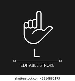 Letter L in American sign language pixel perfect white linear icon for dark theme. Communication system. Thin line illustration. Isolated symbol for night mode. Editable stroke. Arial font used