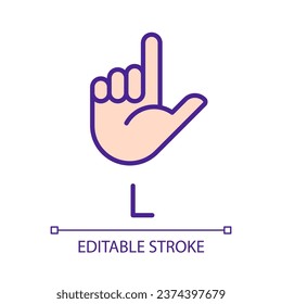 Letter L in American sign language pixel perfect RGB color icon. Communication system element. Isolated vector illustration. Simple filled line drawing. Editable stroke. Arial font used