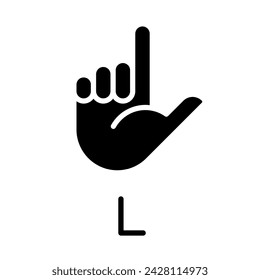 Letter L in American sign language black glyph icon. Communication system element. Talking by gestures. Silhouette symbol on white space. Solid pictogram. Vector isolated illustration