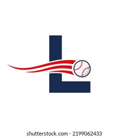 Carta L Concepto de logotipo de béisbol con plantilla de vectores de iconos de béisbol en movimiento