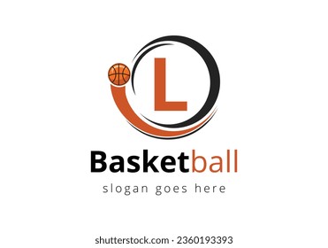 Letter L Basketball Logo Concept With Moving Basketball Icon. Sports Symbol Vector Template Design