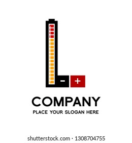 Letter L battery vector logo template. Alphabet graphic with current positive and negative symbol. Black, red and yellow color. This logo is suitable for electric, technology, power and energy supply.