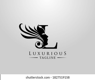 Letter L with Beauty Face. Luxury Logo. Alphabetical Symbol for wedding, greeting cards, invitations, salon, spa, template design.