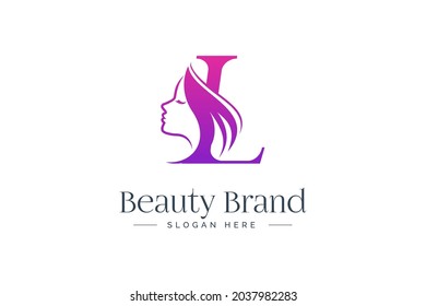 Letter L beauty logo design. Woman face silhouette isolated on letter L.