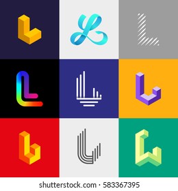 Letter "L" big logo pack. Isometric, minimal, line, colorful, ribbon, geometric, luxury vector monograms. Eps10 format.