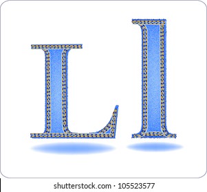 Letter L big and small from a jeans structure with a double orange line.