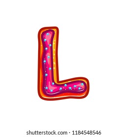 Letter L. Biscuit with glaze and confetti. Sweet donuts bakery font. Christmas cookies. Vector cartoon alphabet isolated on white background.  Hand drawn colored illustration. 